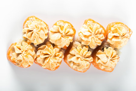 Sushi rolls with cream cheese on a white background. Close-up.の写真素材