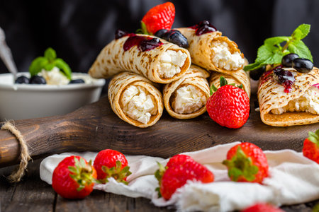 Pancakes with cottage cheese and berries on a wooden background.の写真素材