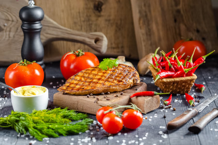Grilled steak with sauce and vegetables on a wooden background. Selective focus.の写真素材