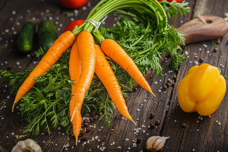 Fresh carrots with spices and vegetables on a wooden background. Vegetarian food.の写真素材