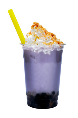 Blueberry milkshake with whipped cream in plastic cup isolated on white backgroundの写真素材