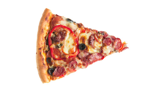 one piece of thick pizza on whiteの写真素材