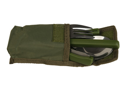 Spoon fork in the retracted position in the bag on whiteの写真素材