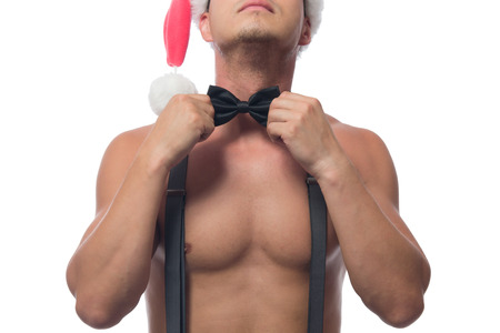man wears a Christmas costume for adultsの写真素材