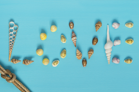 word love seashells and a rope with a knot on a blue backgroundの写真素材