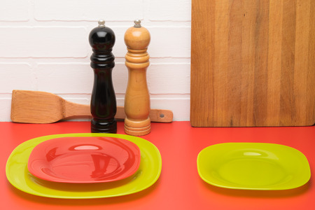 clean dishes on the table for your food backgroundの写真素材
