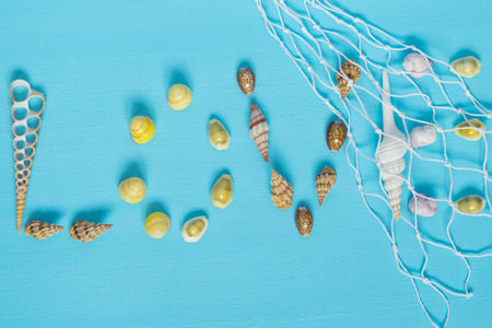 inscription love is made up of sea shells on a blue boardの写真素材