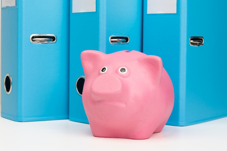 pink piggy bank with money is on the table against the background documentsの写真素材
