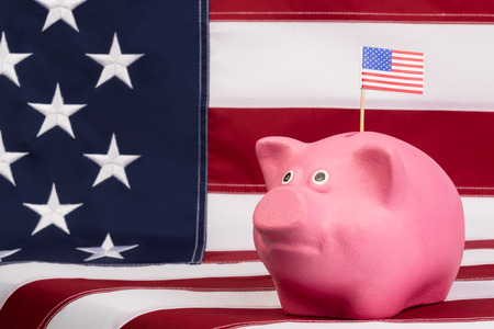 pink money box for Money is worth on background the American flagの写真素材