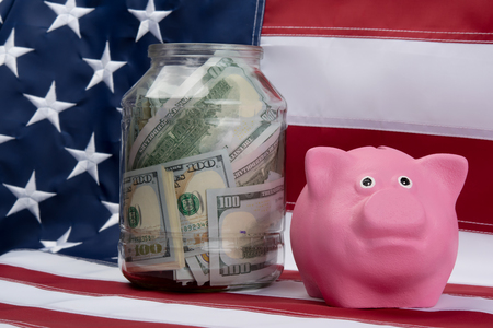 pink piggy bank and money in the bank on the background of the flagの写真素材