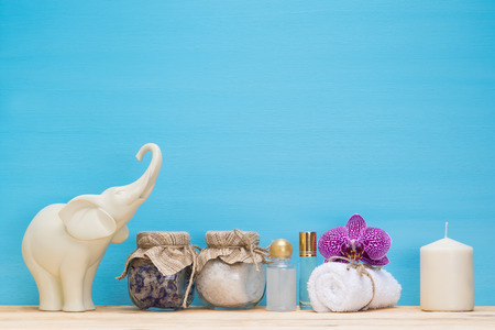 Sea salt and white candle with the Indian elephant in the spaの写真素材