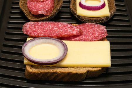 sandwich with sausage, onion and cheese on a plate backgroundの写真素材