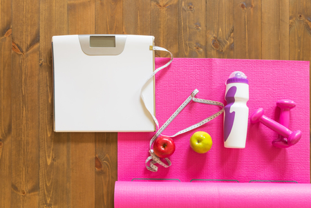 set of fitness and measuring the results of training on the boardの写真素材