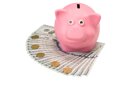 Pink piggy bank stands on dollars on a white backgroundの写真素材