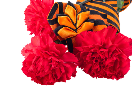 Three red carnations wrapped in a georia ribbon, isolated on a white backgroundの写真素材