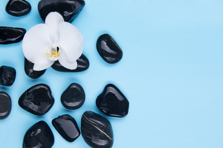 set of black stones on a blue background with a white orchidの写真素材