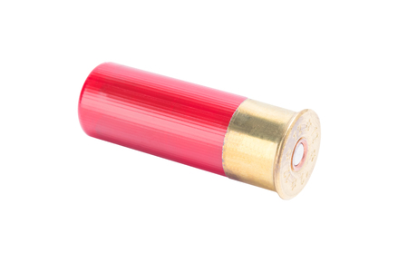 Red cartridge from a hunting rifle, isolated on a white backgroundの写真素材