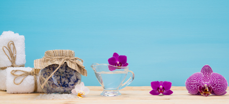 Blue background for the inscription SPA with objects on itの写真素材