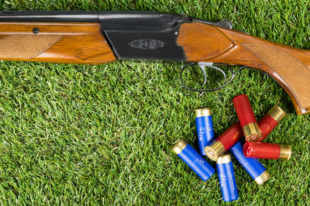 Hunting rifle and cartridges concept on the grassの写真素材