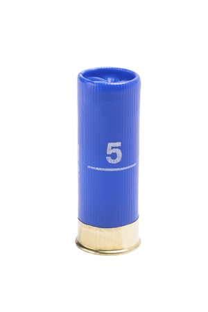 Blue cartridge from a hunting rifle, isolated on a white backgroundの写真素材