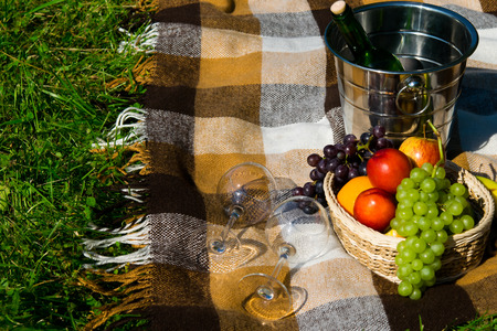 Wool plaid lies on the grass, picnic laid fruit and wineの写真素材