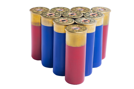 Red and blue shells for a hunting rifle, together in a triangle, on a white background
