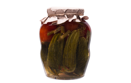 bank with pickled cucumbers and tomatoes in the interior, isolated on whiteの写真素材