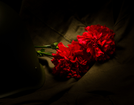 2 carnations and a helmet, on a background of military clothの写真素材