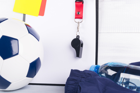 things for a football referee concept on a light backgroundの写真素材