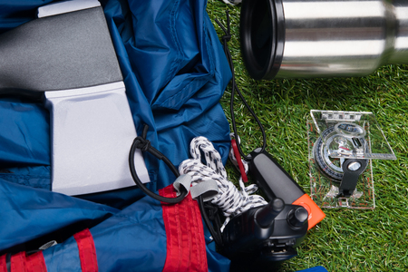 set of items for outdoor recreation, tent, thermal mug, ax.の写真素材
