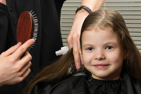 stylist hairdresser combs girl long hair in beauty salonの写真素材