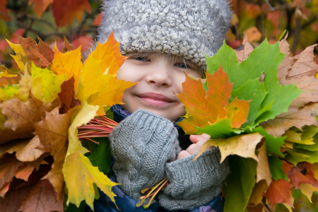 portrait of a girl surrounded by autumn nature holding colorful fallen leavesの写真素材