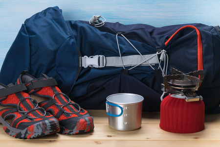 Backpack and things for climbing in the mountains, background