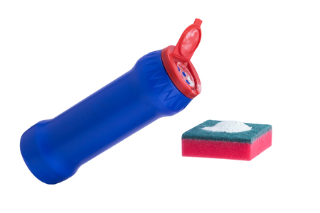 sponge with white powder for cleaning and container isolated on whiteの写真素材