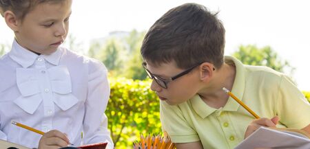 close-up, in the park, in the fresh air, schoolchildren doing homework, a boy and a girl are peeping...