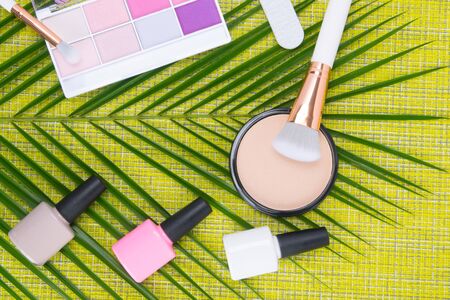 on a green background and a palm leaf, multi-colored nail polishes, a set of light eyeshadow, powder to align the complexion with a white brushの写真素材