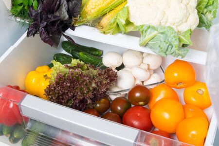 on the shelves of a white refrigerator, a stock of fresh vegetables, tomatoes, cucumbers, corn, mushrooms, greens, cauliflower, close-upの写真素材