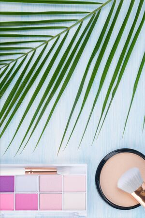 set of multi-colored eyeshadows and blush with a brush on a blue backgroundの写真素材