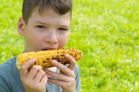 close-up, child boy, eating baked corn on the cob, against a background of green grass, there is a...
