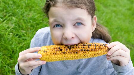 girl holds in her hands a roasted corn cob and bites her teethの写真素材