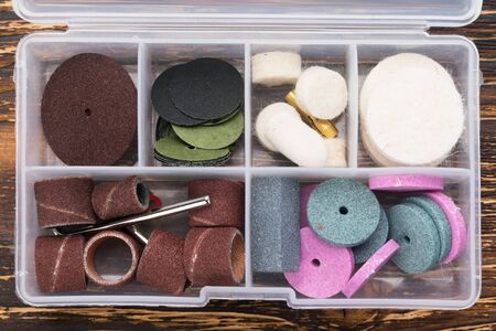 box with consumables for metal processing aid, close-up, top view