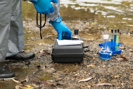 on the suitcase is equipment for express analysis of soil and air in the mode of mobile...