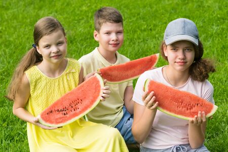 three teenagers eat slices of watermelon sitting on green grassの写真素材