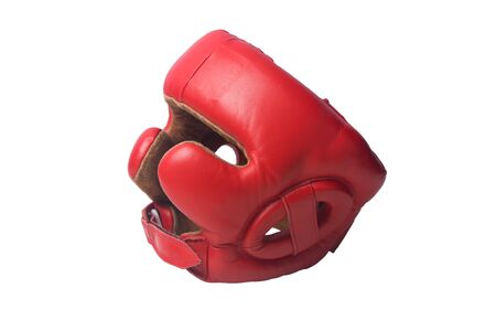 red sports helmet for boxing, close-up, on a white backgroundの写真素材