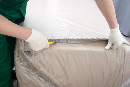 the delivery man's hands in protective gloves, opens the furniture from the box, cuts through the dense polyethyleneの写真素材