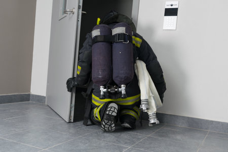 a firefighter in protective clothing, with fire-fighting equipment, crouches in the doorwayの写真素材