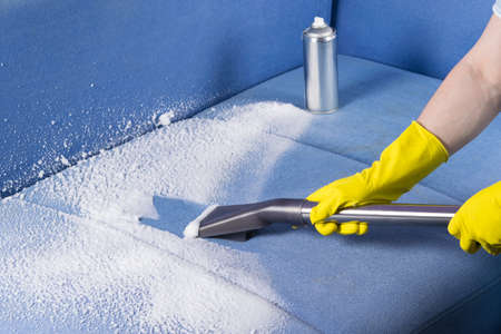 cleaning upholstered furniture upholstery with chemicals and a vacuum cleanerの写真素材