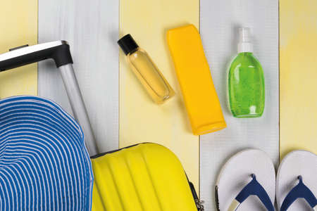 set of things for relaxing on a sunny beach, backgroundの写真素材