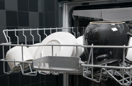close-up, on the top grid, ceramic utensils in the dishwasherの写真素材