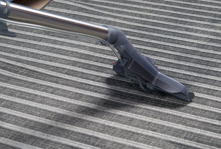 on the background of a striped gray carpet, a vacuum cleaner brush for wet cleaning, close-upの写真素材